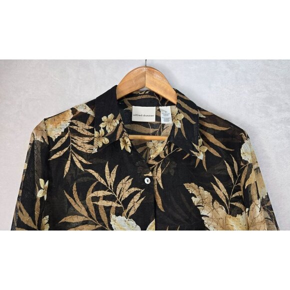 Alfred Dunner Womens Shirt Black Tan Floral 12 Woven Fabric Semi Sheer Tropical - Picture 3 of 11
